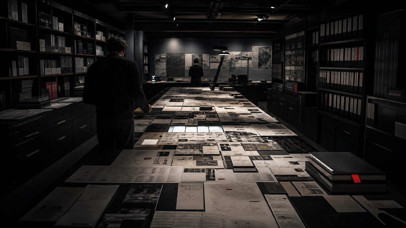 Editorial researchers reviewing source material in an archive workspace.