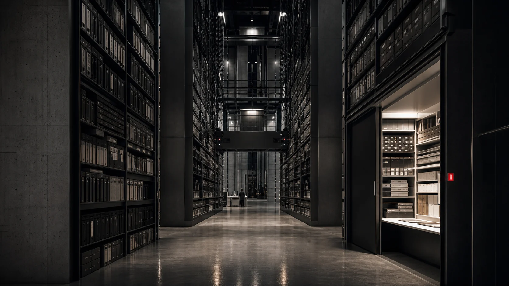 Research archive lined with files for long-form reports and white papers.