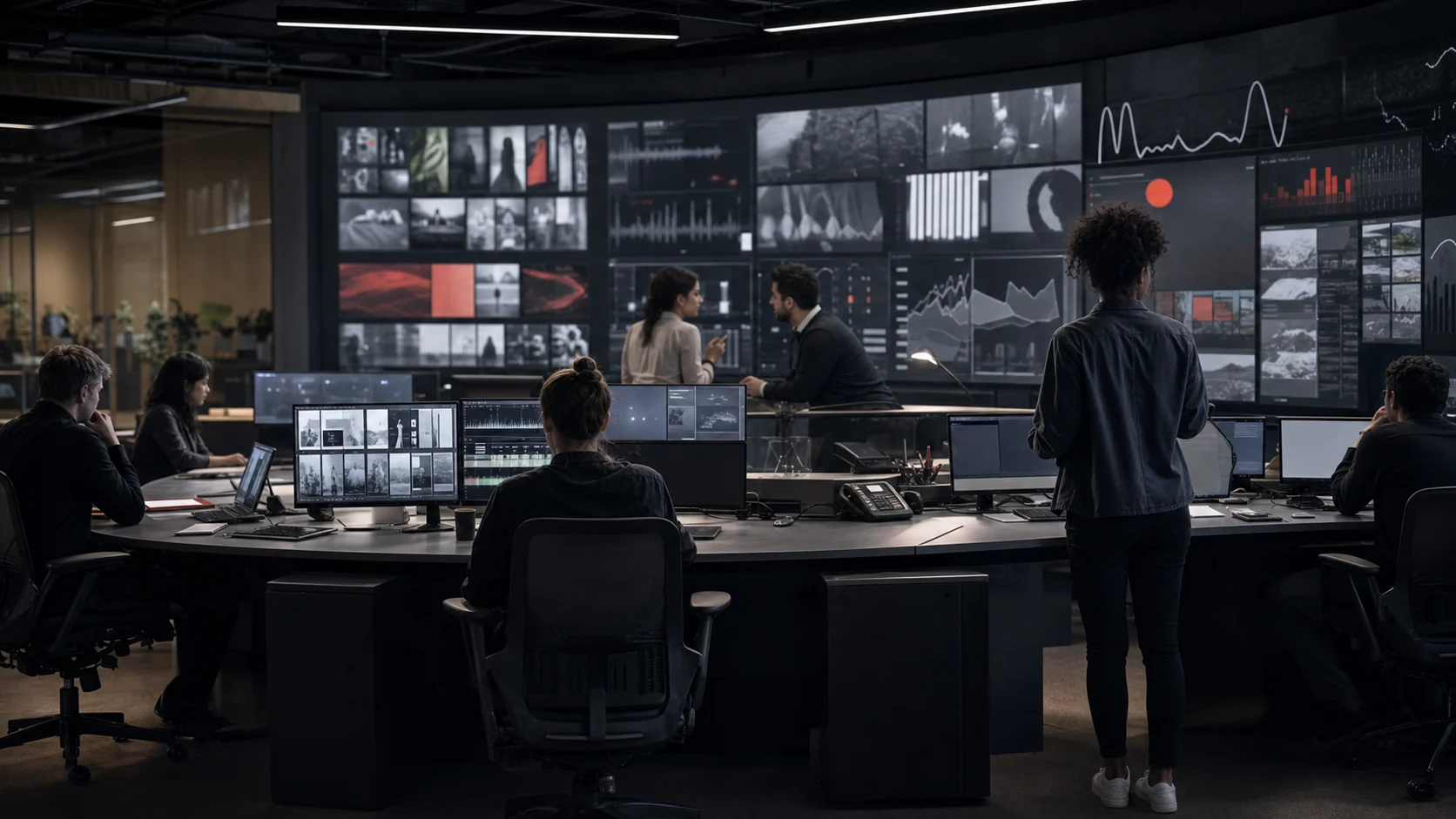Social media team working at a content operations desk with live dashboards.